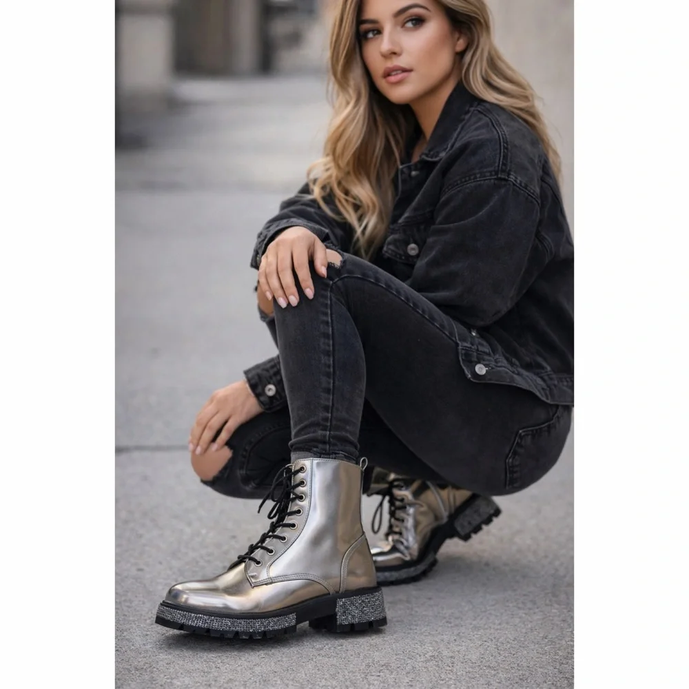 Steve‎ Madden Jwoots Combat Boots Metallic Gunmetal Size 5